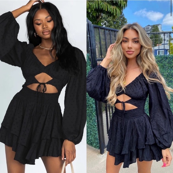Princess Polly Pants - Princess Polly Needed Me Black Swiss Dot Cut Out Waist Balloon Sleeve Romper